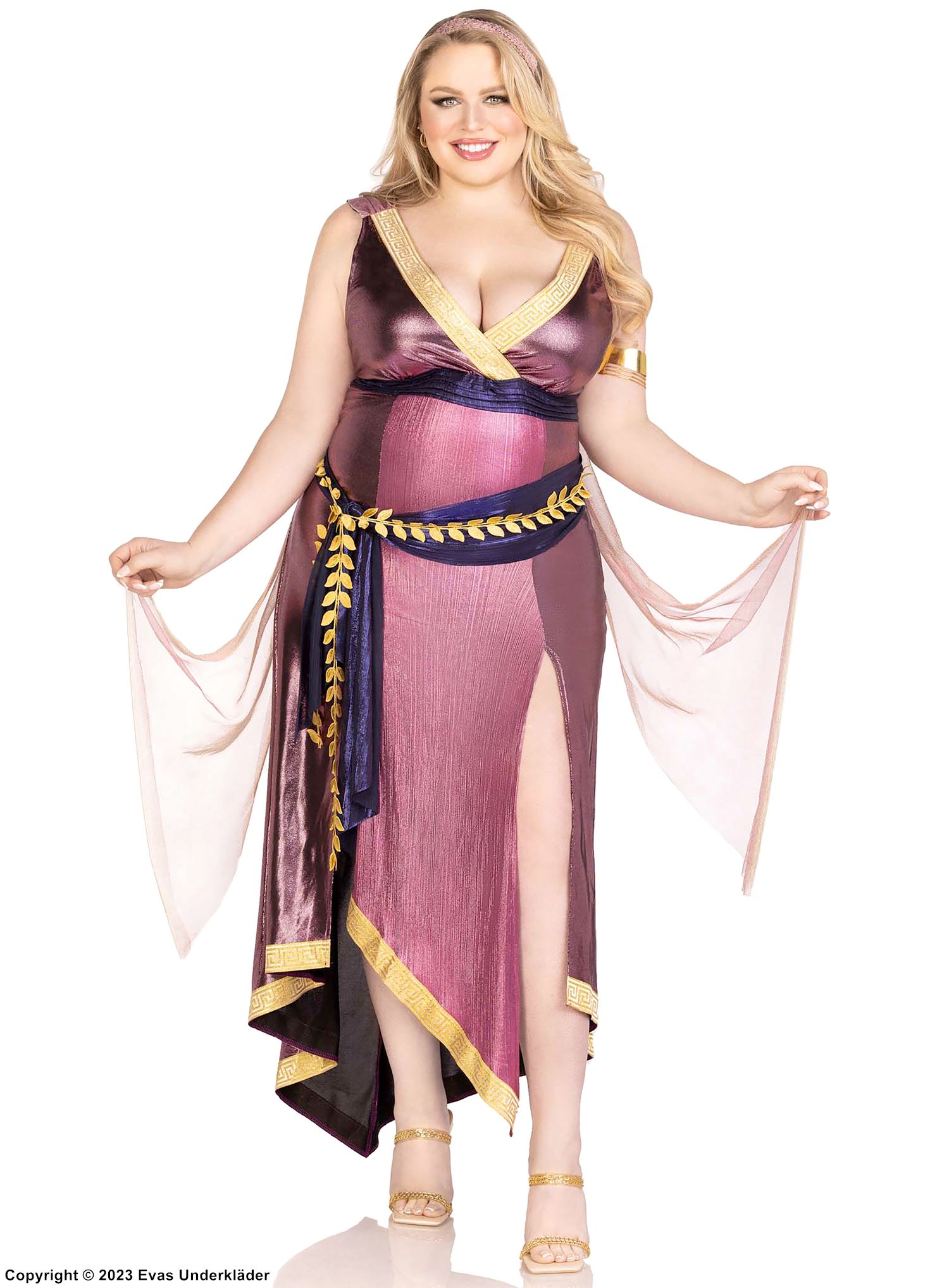 Goddess, costume dress, high slit, sash, plus size